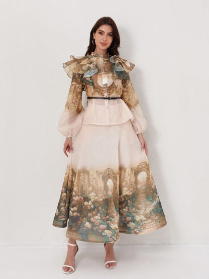 Ruffled Lantern Sleeve Blouse High-Waist Maxi Skirt Set
