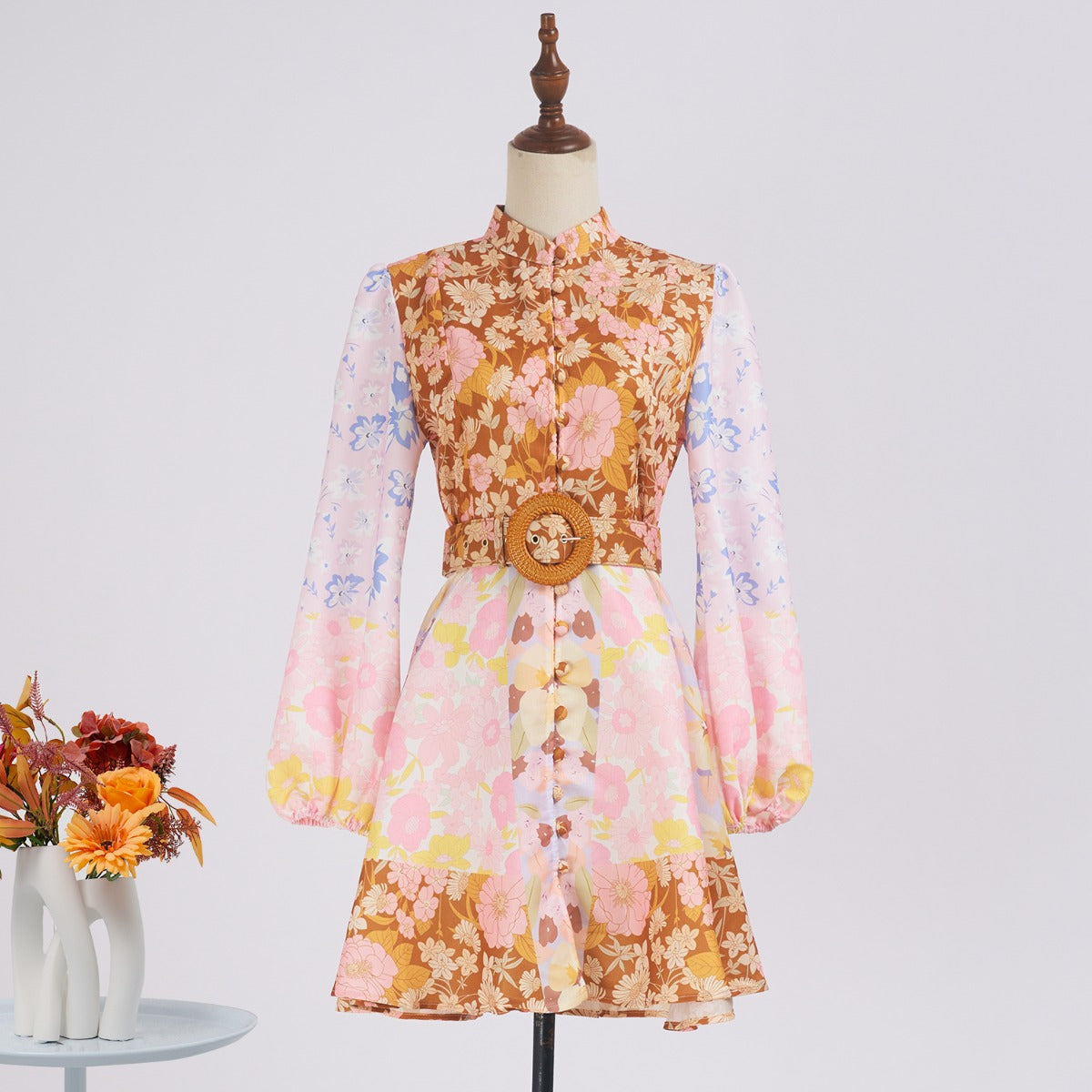 Patchwork Long Sleeve Print Stand Collar Dresses