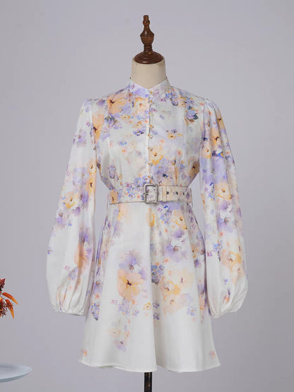 Lilac Flower Print Pearl Button Dress