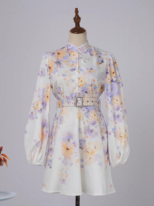 Lilac Flower Print Pearl Button Dress