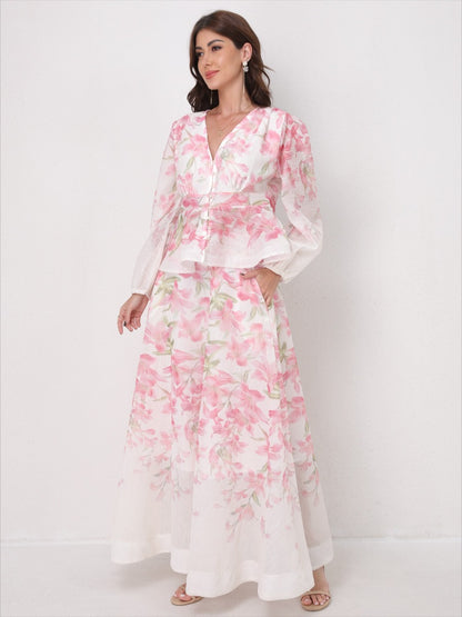 V-Neck Beaded Ruffle Top Midi Skirt Set