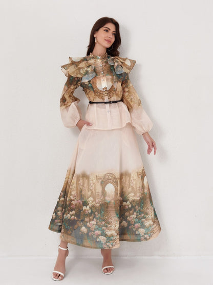 Printed Lantern Sleeve Blouse Puff Skirt Set