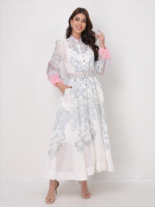 Vintage Printed Lantern Long Sleeves Elegant Dress