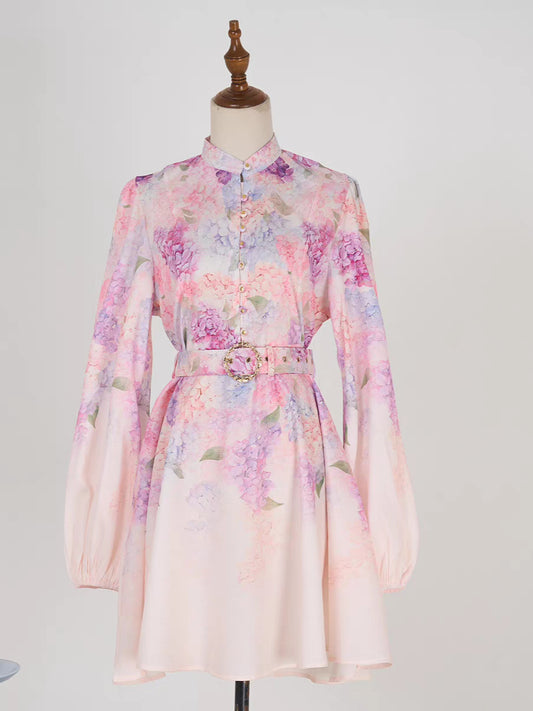 Linen Multi-color Flower Pattern Short Dress