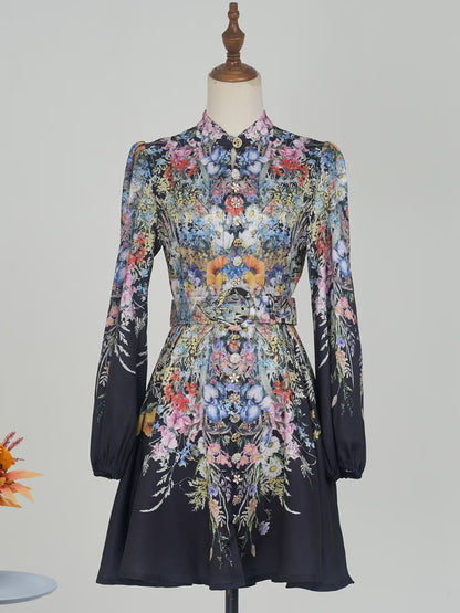 Single Row Exquisite Button Printed Short Dress