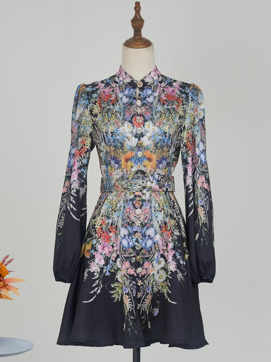 Single Row Exquisite Button Printed Short Dress