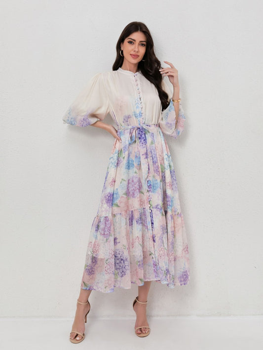 Slimming Puff Short Sleeve Print Dress