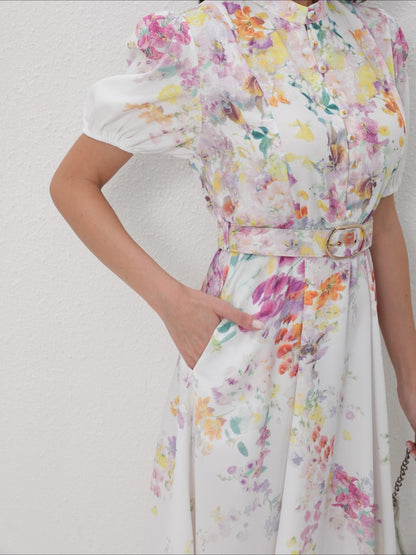 Stand Collar Lantern Sleeve Floral Prints Dresses