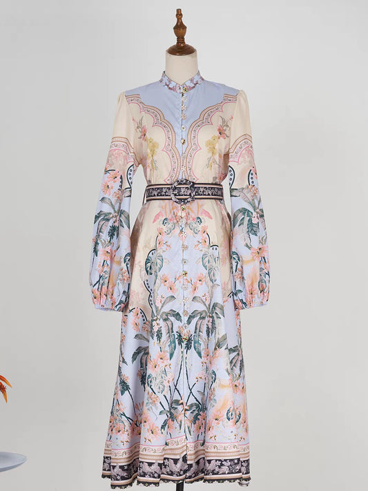 Print Beaded Flower Buttons Dress