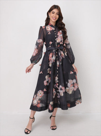 Single Breasted Long Sleeve Florals Maxi Dress