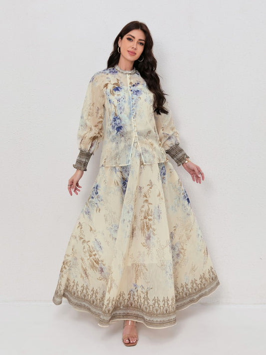 Floral Print Long Sleeve Shirt Matching Maxi Skirt Set