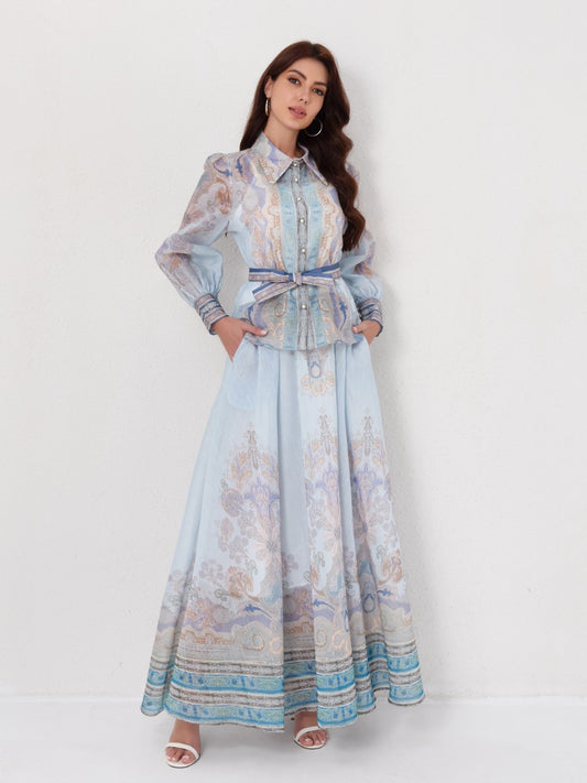 Long Sleeve Printed Blouse MaxiSkirt Set