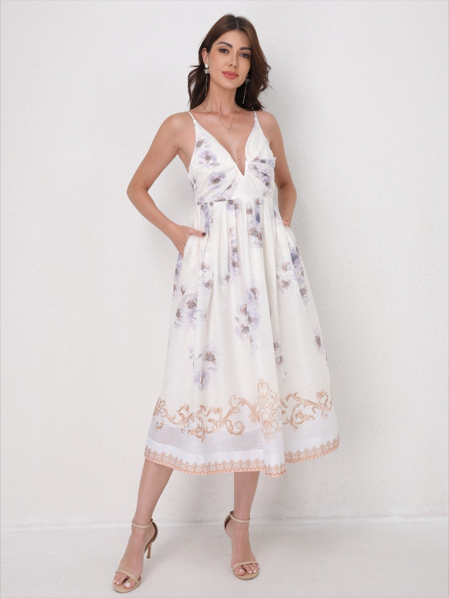 Vintage Printed Straps V-Neck Beach Maxi Dress