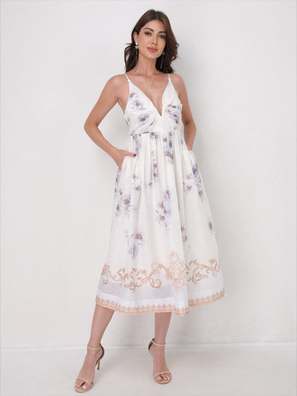 Vintage Printed Straps V-Neck Beach Maxi Dress