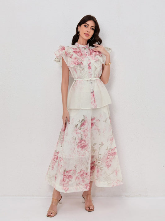 Stand Collar Blouse with Ruffled Sleeves Flowy Printed Skirt Set