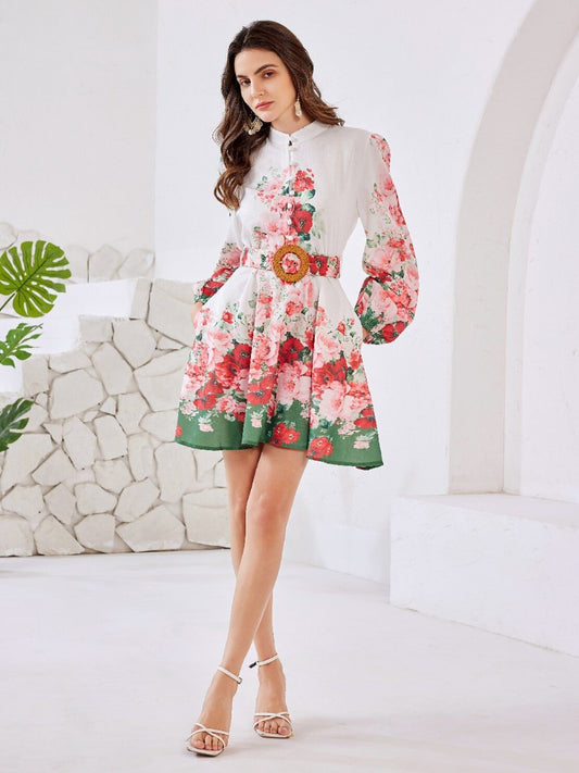 Print Long Sleeve Short Dress