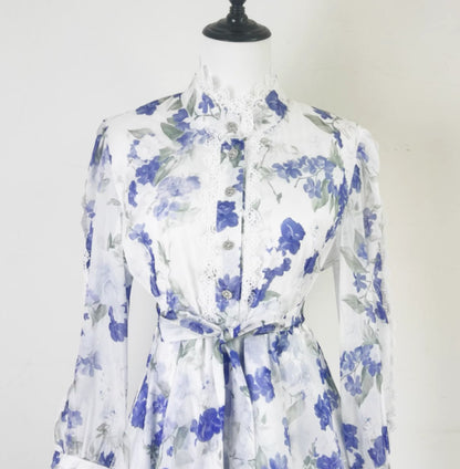 Lace Patchwork Flower Print Cinching Mid Length Dress