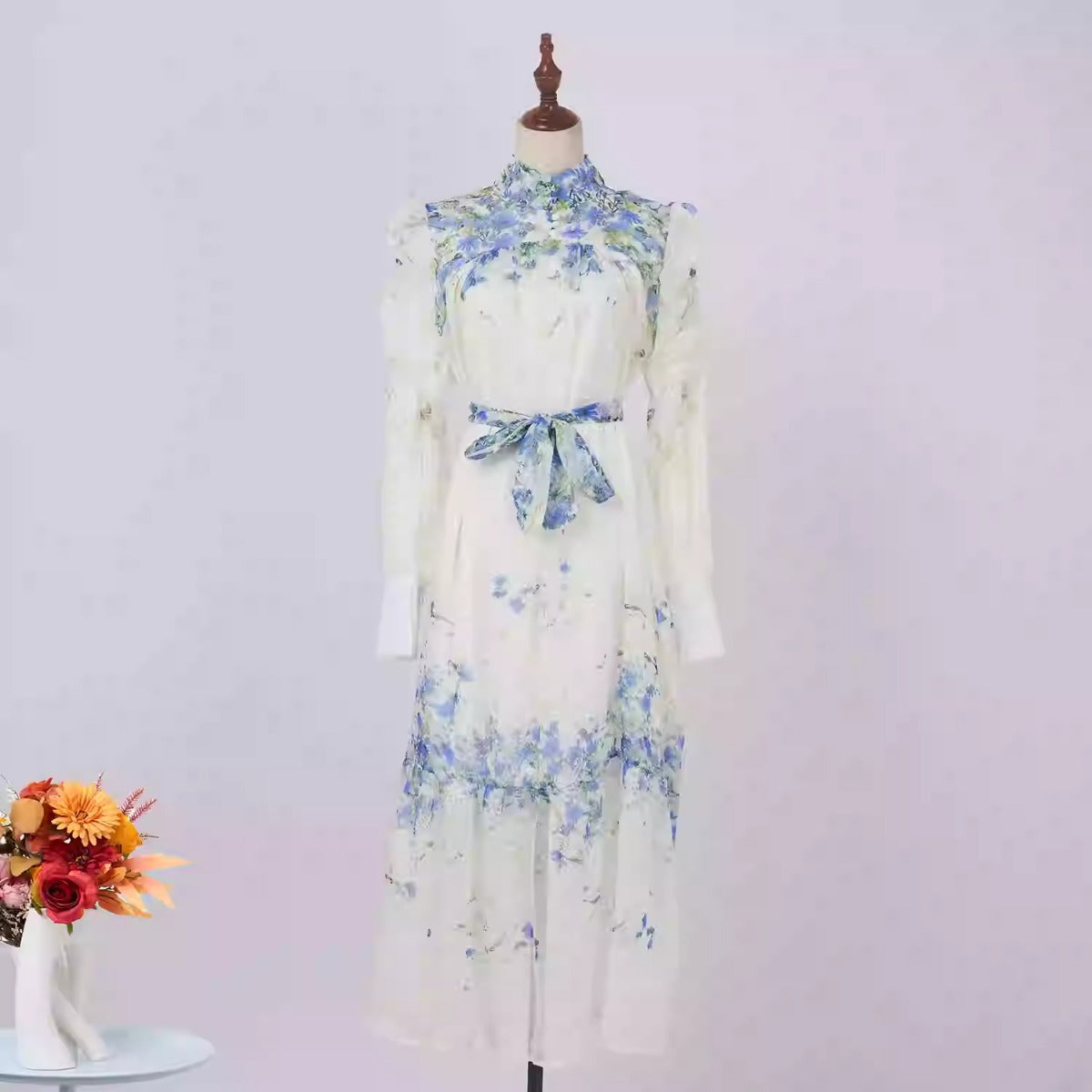 Long Sleeve Lace Up Chiffon Print Dress