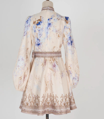 Printed Long Sleeved Cotton Short Dress