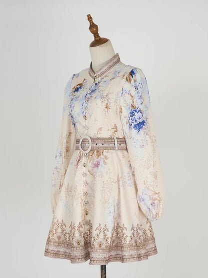 Printed Long Sleeved Cotton Short Dress