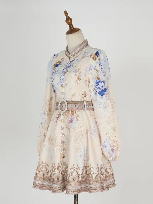 Printed Long Sleeved Cotton Short Dress