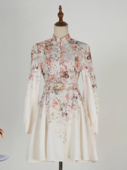 Pink Flower Stand Collar Lantern Sleeve Dress