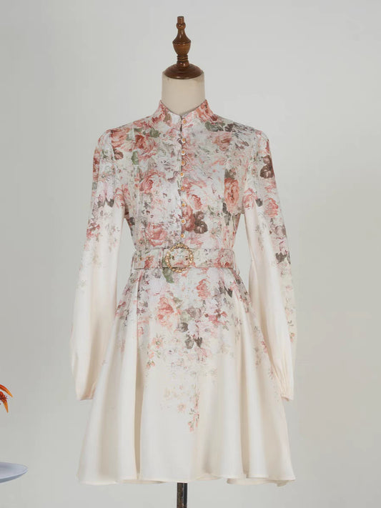 Pink Flower Stand Collar Lantern Sleeve Dress