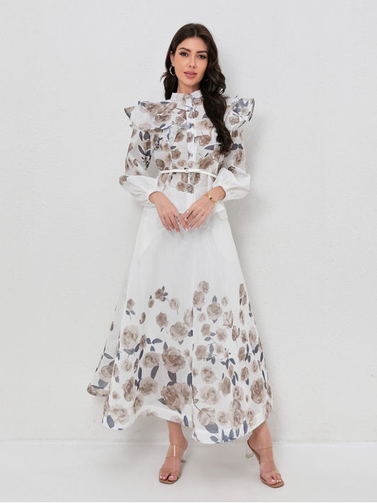 Ruffled Lantern Sleeve Print Blouse Maxi Skirt Set