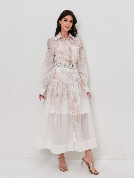 Classic Collared Long Sleeve Belted Print Dresses