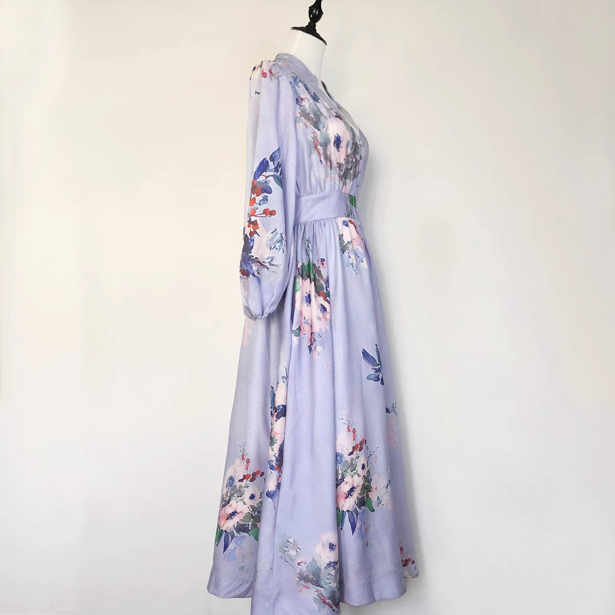 Printed V-neck Blue Long Dress
