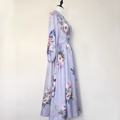 Printed V-neck Blue Long Dress
