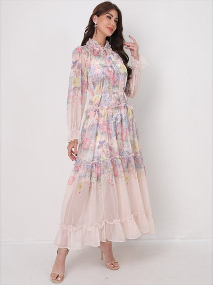 Tie-Waist Long Sleeve Flowy Maxi Dress