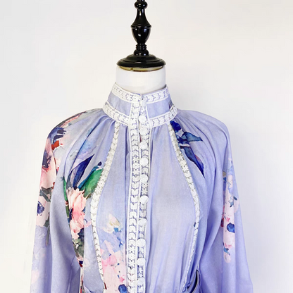 Lace Print Single-Breasted Shirt + Shorts Set