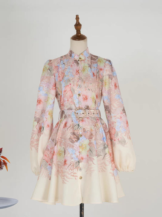 Stand Collar Printed Short Dress