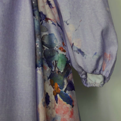 Printed V-neck Blue Long Dress