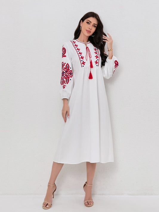Bohemian Floral Embroidery Lantern Sleeve Dress
