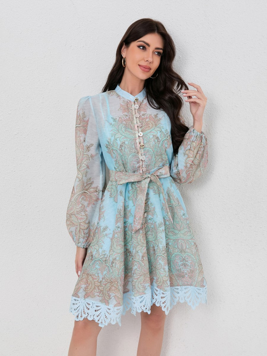 Bohemian Lantern Sleeve Print Lace Dress