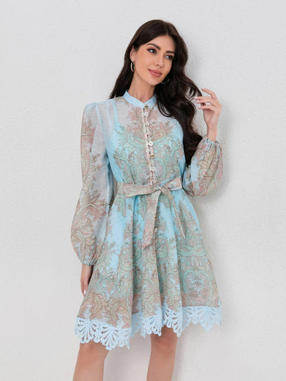 Bohemian Lantern Sleeve Print Lace Dress