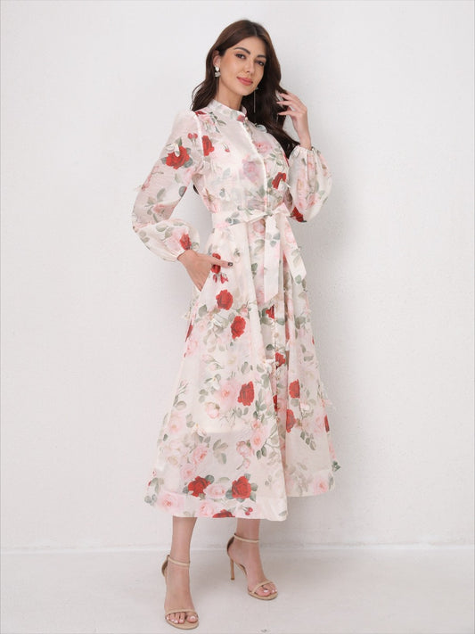 Single Breasted Long Sleeve Florals Maxi Dress