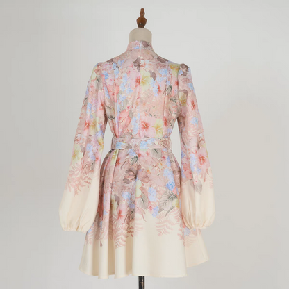 Stand Collar Printed Short Dress