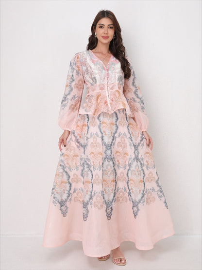 V-Neck Beaded Ruffle Top Midi Skirt Set