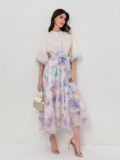 Slimming Puff Short Sleeve Print Dress