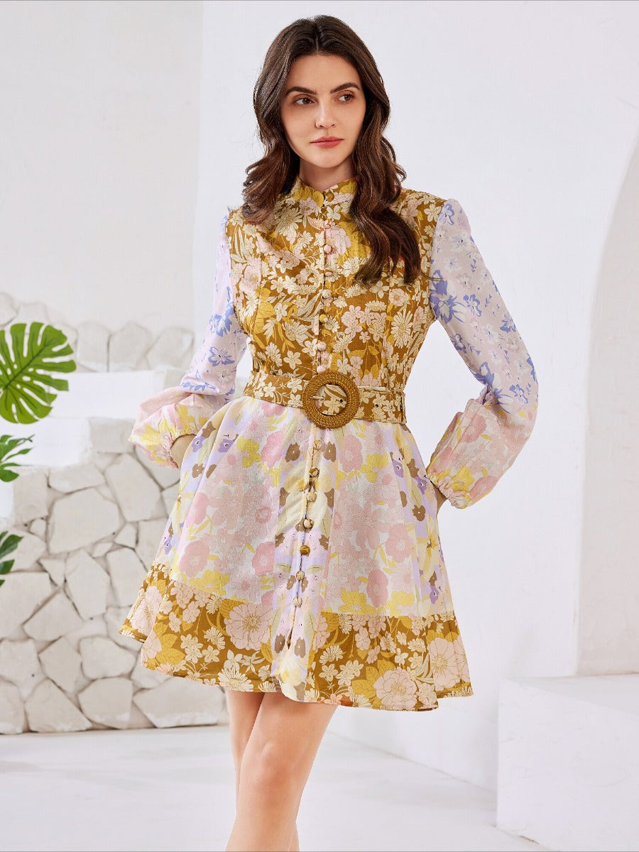 Patchwork Long Sleeve Print Stand Collar Dresses