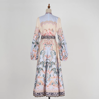 Print Beaded Flower Buttons Dress