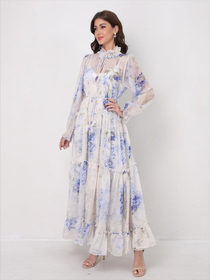 Tie-Waist Long Sleeve Flowy Maxi Dress