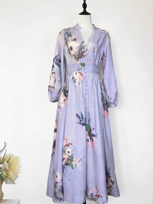 Printed V-neck Blue Long Dress