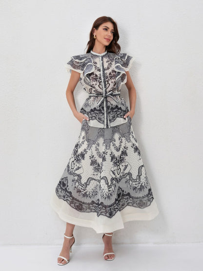 Ruffled Printed Shirt High Waist Skirt Set