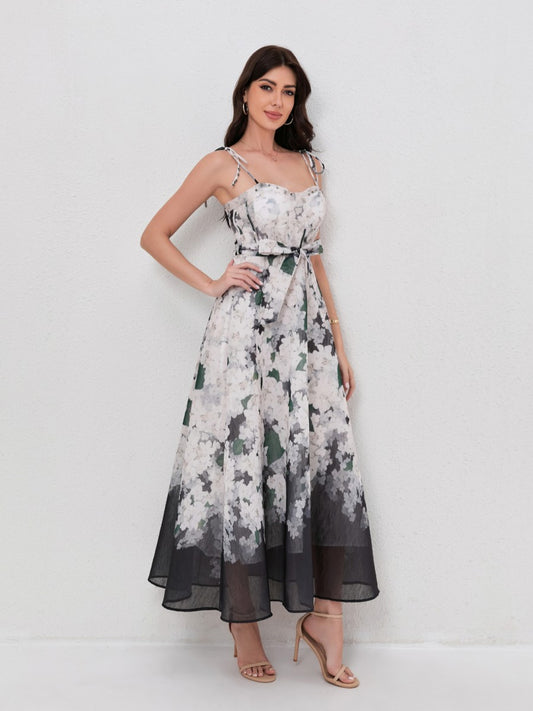 Fashion Print V-Neck Sling Dress with Waist Tie