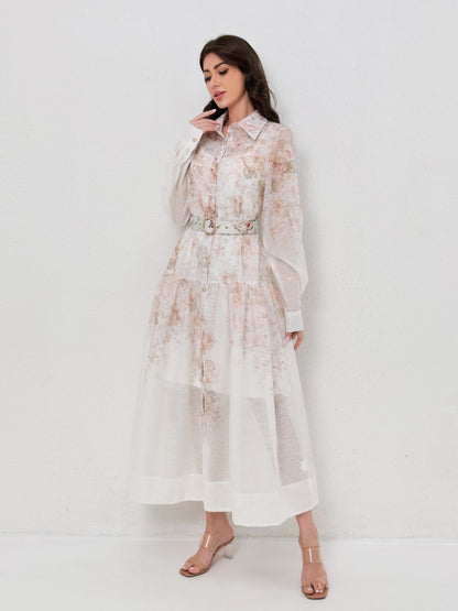Classic Collared Long Sleeve Belted Print Dresses
