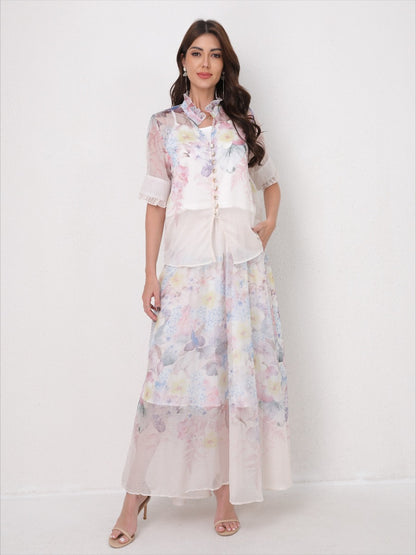 Lightweight Elegant Set Short Sleeve Blouse+Midi Skirt